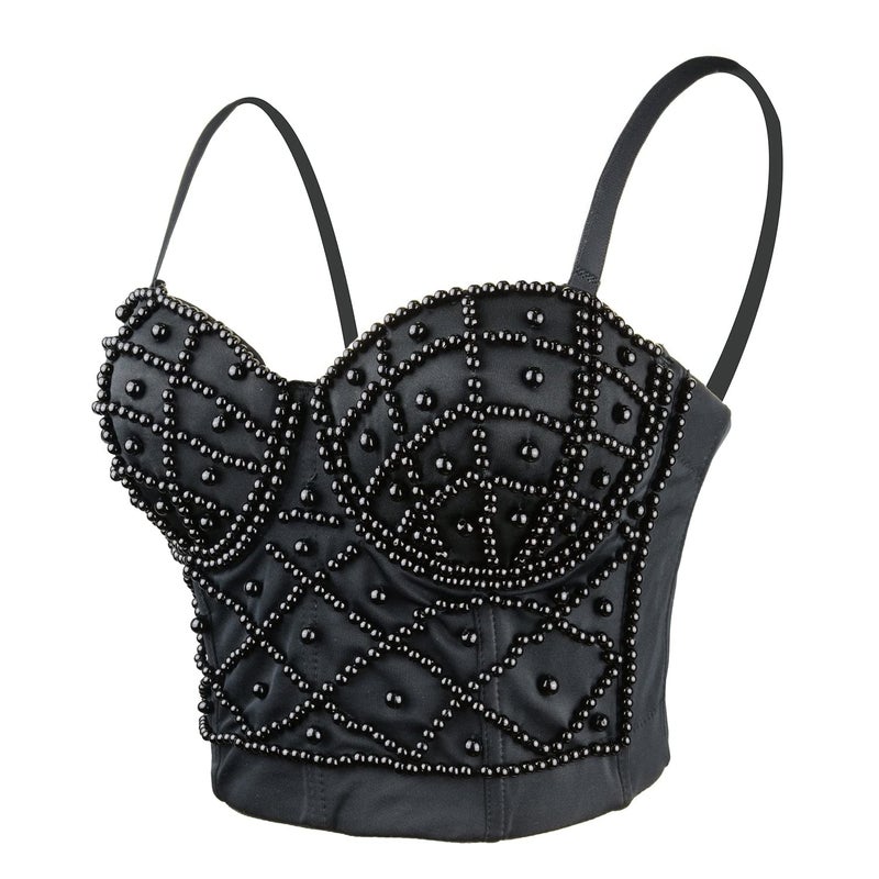 ELLACCI Sexy Pearls Beaded Bustier Corset Crop Top Club Party Cage Bra Black Large - Image 1